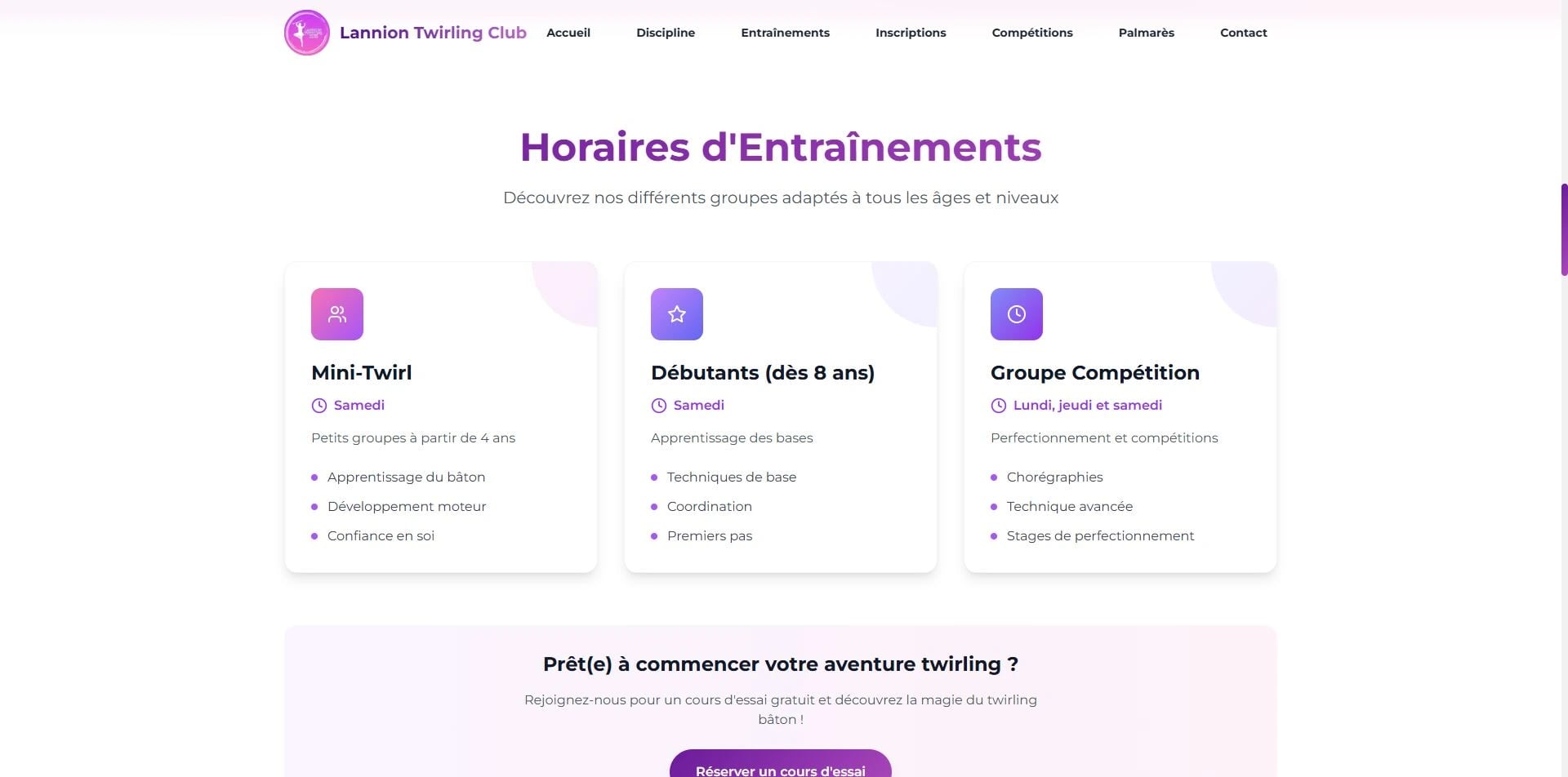 Capture des horaires d'entraînement du Lannion Twirling Club