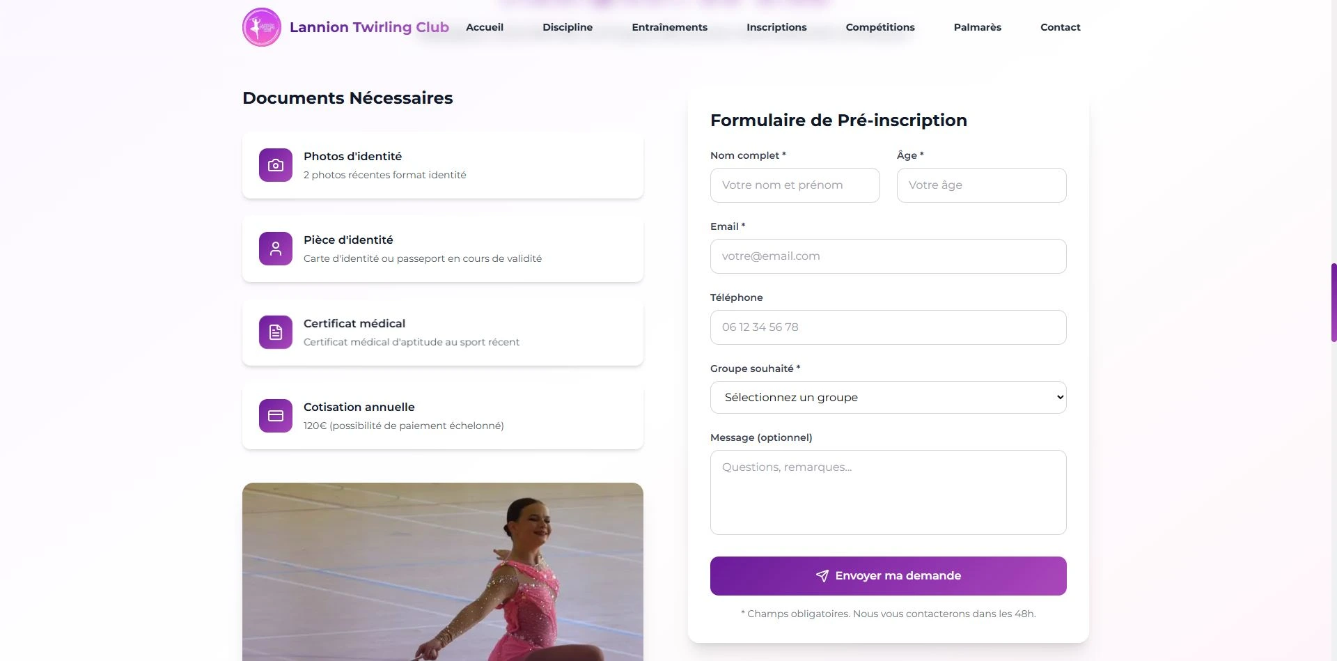 Capture du formulaire d'inscription du Lannion Twirling Club